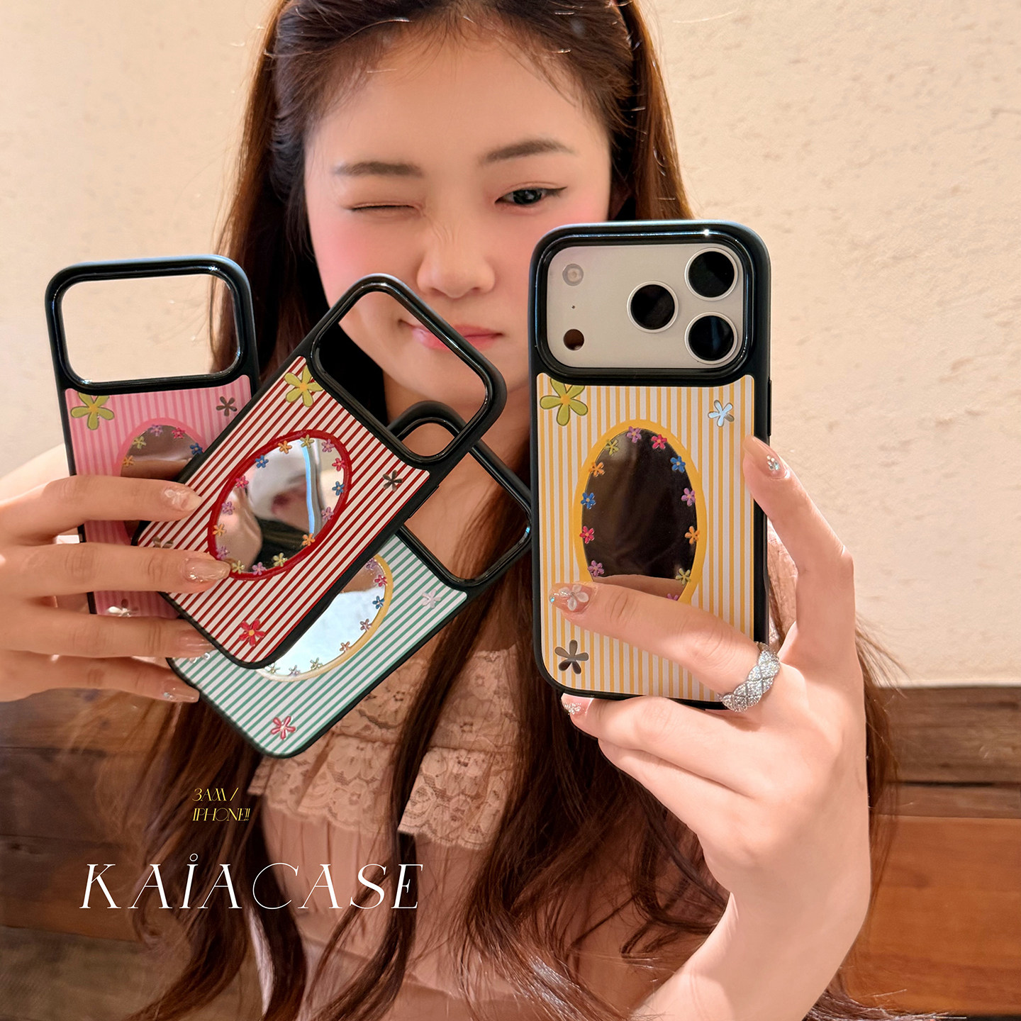 kaia 早春ins花朵条纹椭圆镜子适用苹果17promax手机壳iphone16pro新款13女14pro创意15pro全包防摔12手机套