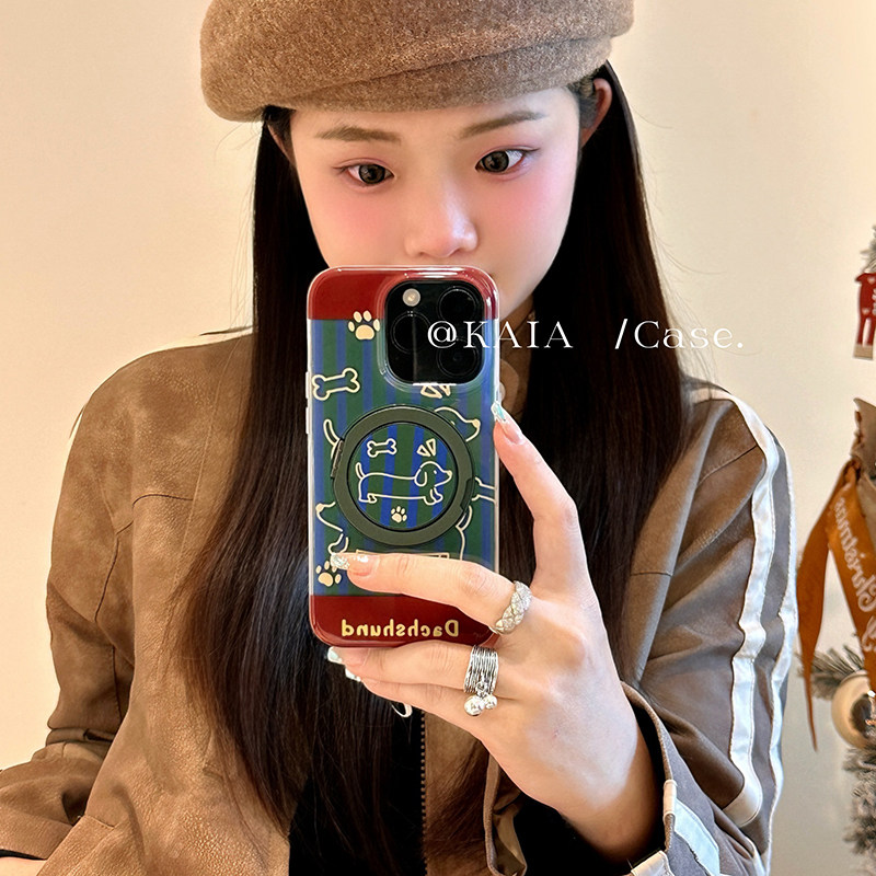 kaia 韩系蓝绿条纹腊肠狗适用苹果14pro手机壳iphone13新款16磁吸支点支架15pro防摔双层苹果16promax保护套,3C数码配件,手机保护套/壳,淘宝优惠券,粉丝福利购,淘宝优惠卷
