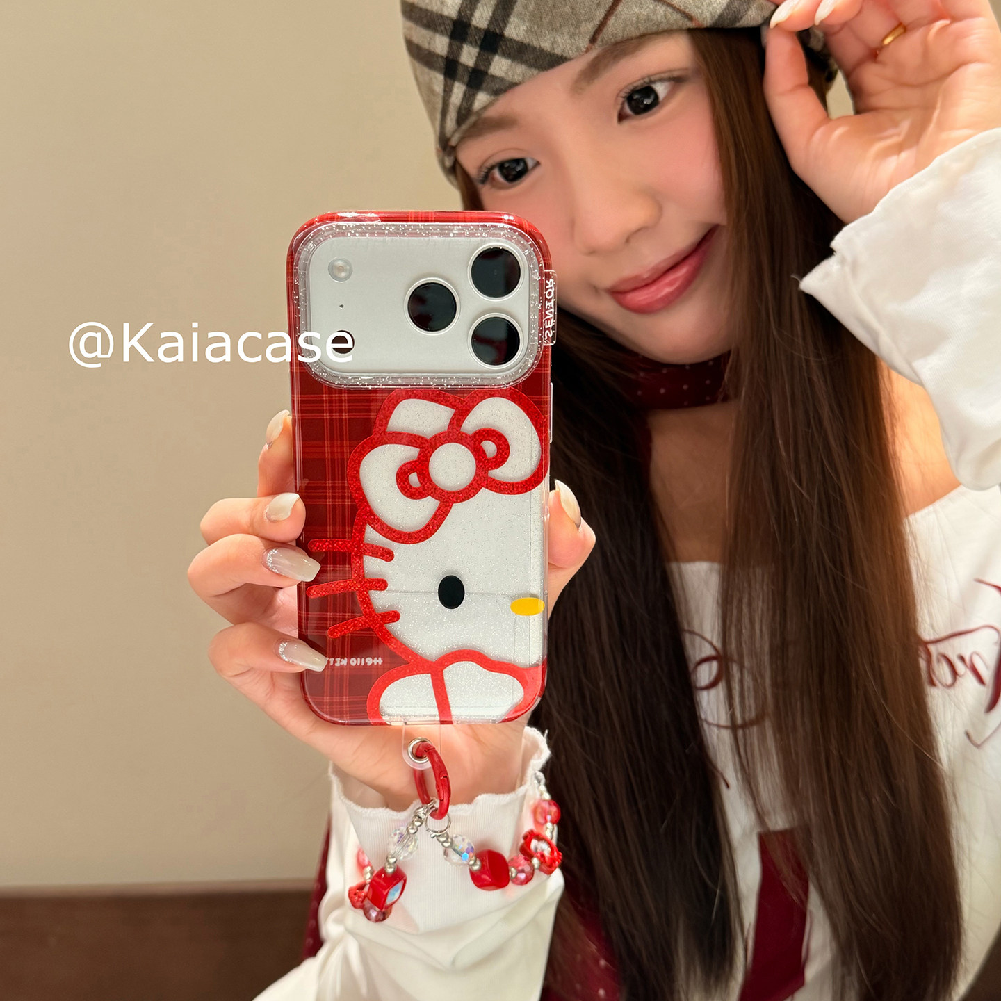 kaia 新年酒红格纹透明哈喽kt猫适用苹果17promax手机壳iphone16pro新款17女14pro带链条15pro全包防摔手机套,3C数码配件,手机保护套/壳,淘宝优惠券,粉丝福利购,淘宝优惠卷