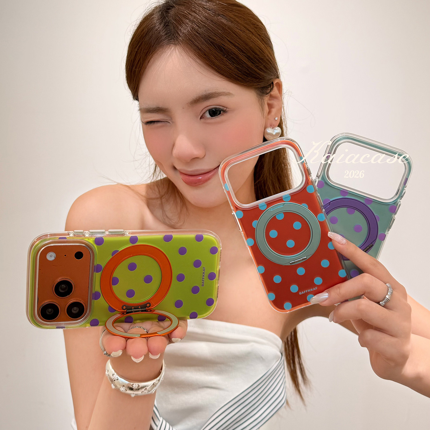 kaia 元气活力高级感撞色波点适用苹果17promax手机壳iphone16pro新款16女17pro支点支架15pro全包防摔手机套