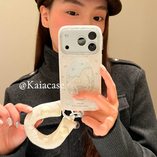 kaia唯美ins透明椭圆雪花白马适用苹果17promax手机壳iphone16pro新款17女14pro手提腕带15pro双层防摔手机套