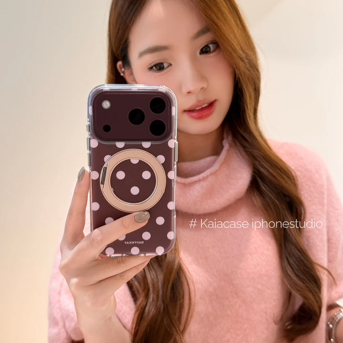 kaia ins风复古简约棕粉波点适用苹果18promax手机壳iphone17pro新款15支点支架16女17pm全包18pro防摔手机套