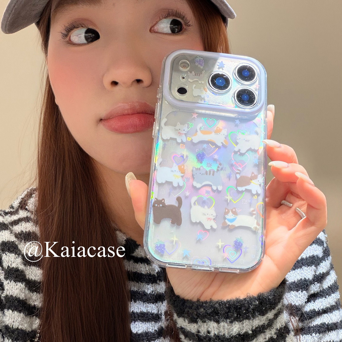 kaia 少女心浪漫紫色镭射卡通猫咪适用苹果17promax手机