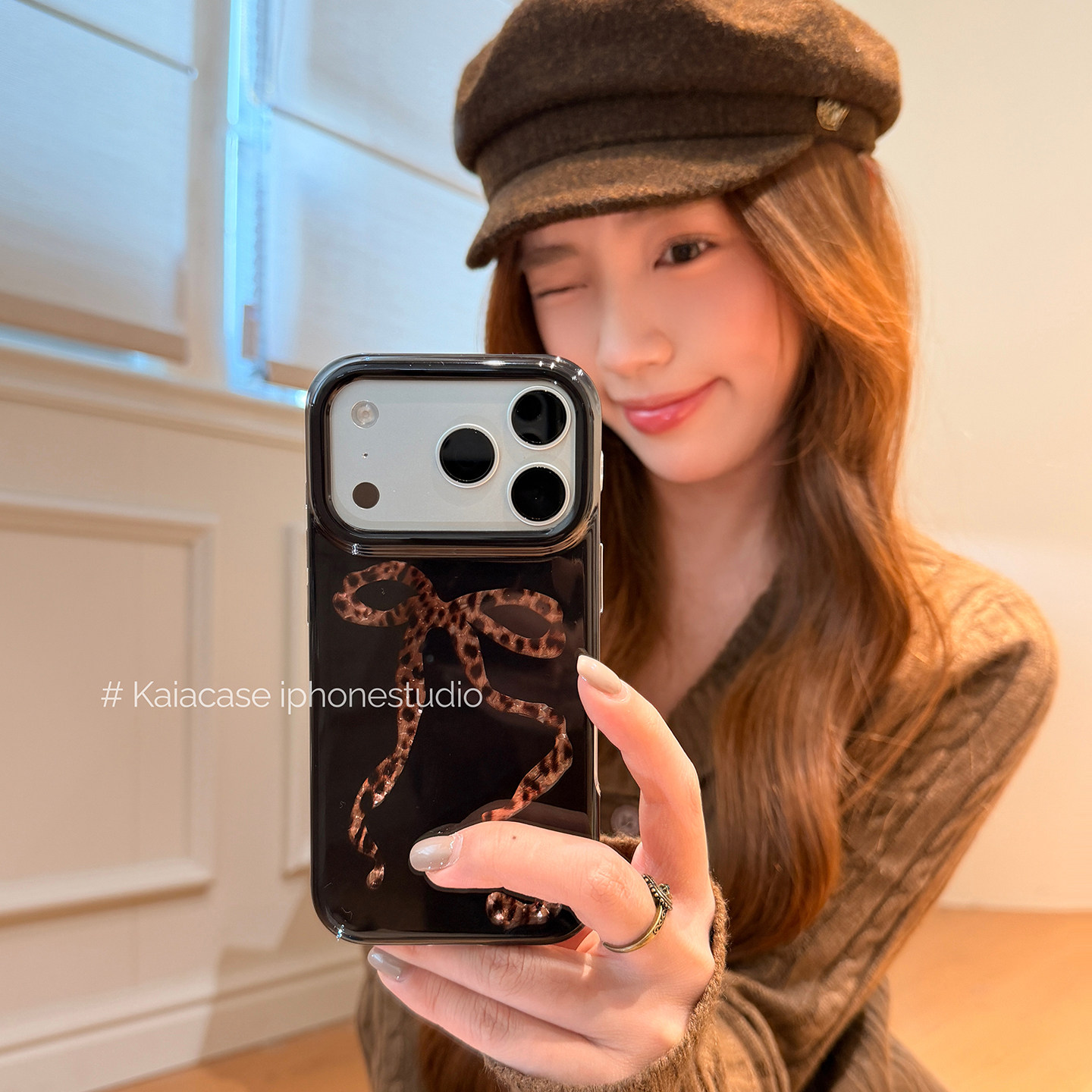 kaia ins甜酷暗黑豹纹蝴蝶结适用苹果18promax手机壳iphone17pro新款16创意15女18pm全包17pro双层防摔手机套