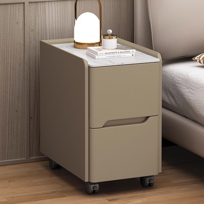 带滚轮可移动实木迷你小型床头柜皮质卧室边柜简约现代超窄储物柜