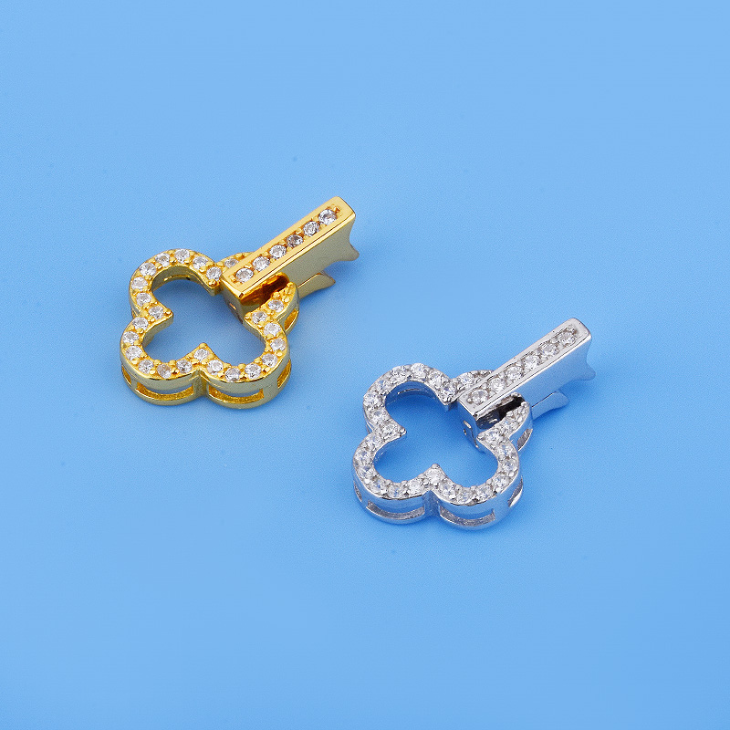 925纯银镶钻四叶草扣头 珍珠小米珠连接扣子 手工制作DIY饰品配件