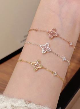 跨境四叶花手链超闪锆石花朵手饰简约轻奢高级感小众百搭精致手链