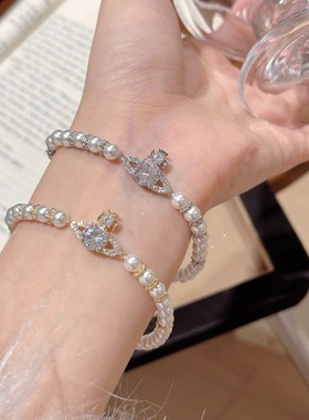 高亮施家珍珠手链跨境土星时尚西太后手串轻奢高级感精致小众手链