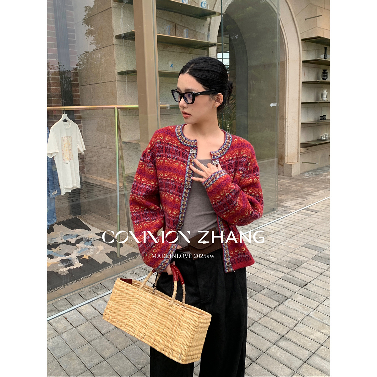 CZ ZHANG秋冬民族风复古提花毛衣短外套女百搭休闲针织衫 B45206