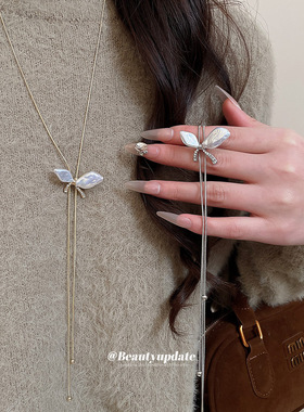 镶钻蝴蝶珍珠吊坠项链个性精致时尚气质百搭毛衣链轻奢高级感项饰