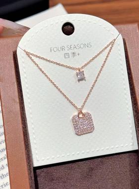 韩版双层超闪方形满天星锆石项链小众设计感轻奢高级感精致项链
