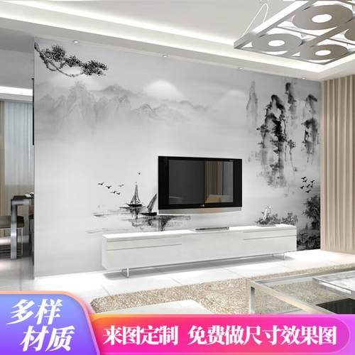 六纹鱼中式电视背景墙壁布黑白水墨山水壁纸客厅影视墙布无缝装饰