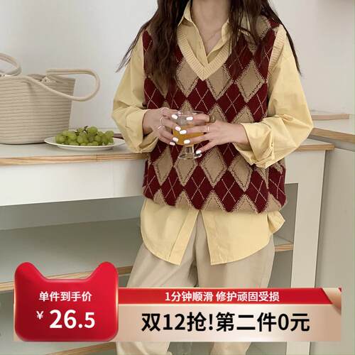 上海兰芝菱格针织马甲女2025春季韩版复古V领宽松毛衣背心111394
