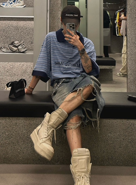 Martine Rose 24SS 复古风蓝色条纹标语印花短袖polo衫