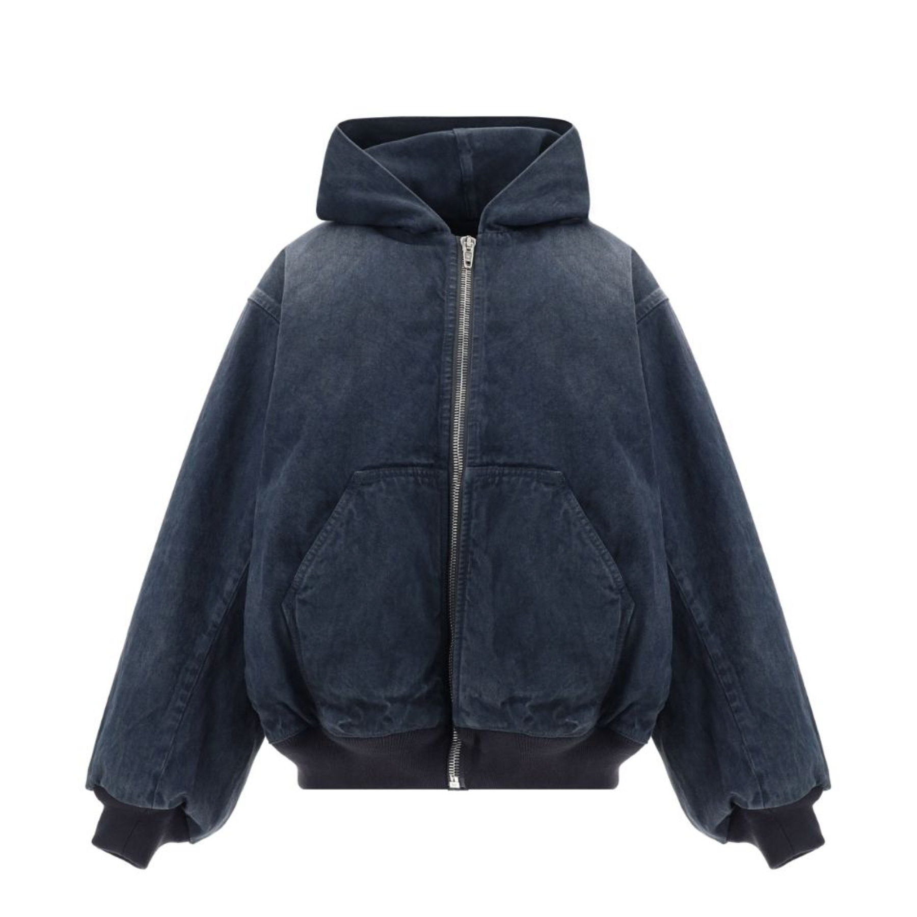 thumbnail for Exclusive BMC Washed Denim Blue Printed Hooded bomber Cropped J30 Padded Jacket Zipper Cargo Jacket