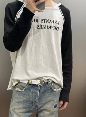 ERD忧郁的富二代archive插肩袖华夫格拼接黑白破洞标语印花长袖