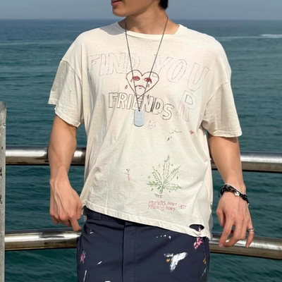 流泪爱心手绘涂鸦破坏boxy短袖