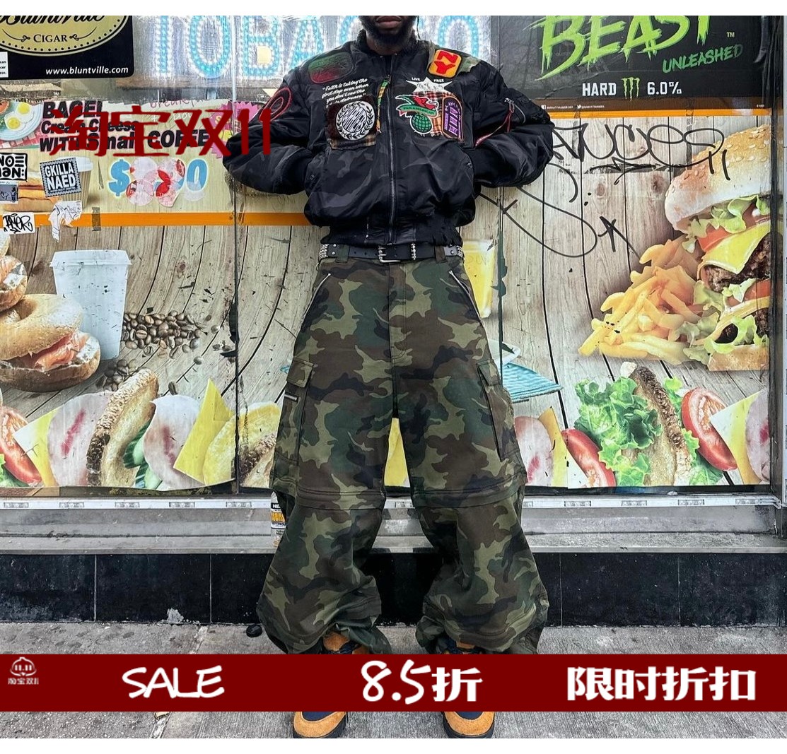 多拉链宽松直筒迷彩工装裤