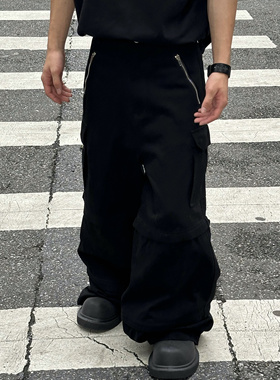 VET bigshap三节可拆卸多口袋拉链工装裤宽松直筒阔腿裤黑色长裤