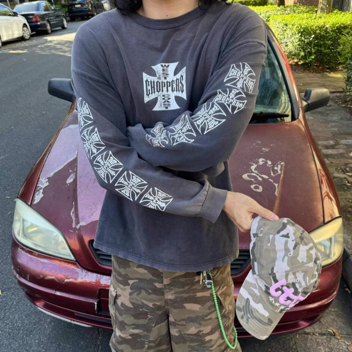 ERD风West Coast Choppers复古镂空十字架印花水洗长袖Vintagetee - 实物图