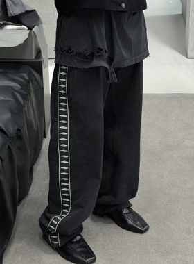 BMC 黑色3b串标logo织带卫裤棉质宽松运动长裤Stripe Baggy Pants