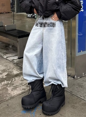 VET美式复古logo刺绣水洗浅蓝牛仔裤廓形直筒baggy Jeans阔腿长裤