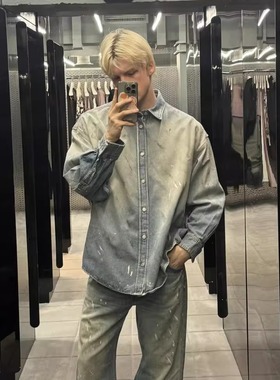 BMC 蓝色复古水洗做旧泥染泼墨牛仔衬衫 廓形宽松外套 男女同款