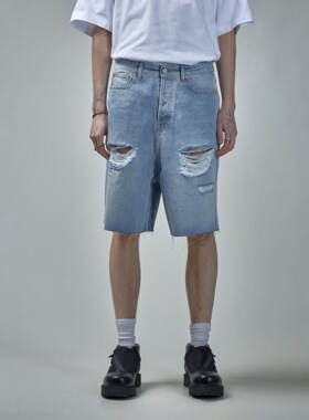 VET浅蓝色水洗牛仔短裤 撕裂做旧破坏七分裤过膝短裤檀健次同款