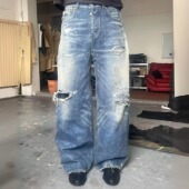 baggy弯刀牛仔裤 重工款 Nofaith水洗蓝做旧破洞刀割磨烂补丁loose