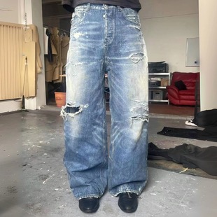 baggy弯刀牛仔裤 重工款 Nofaith水洗蓝做旧破洞刀割磨烂补丁loose
