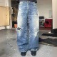 baggy弯刀牛仔裤 重工款 Nofaith水洗蓝做旧破洞刀割磨烂补丁loose