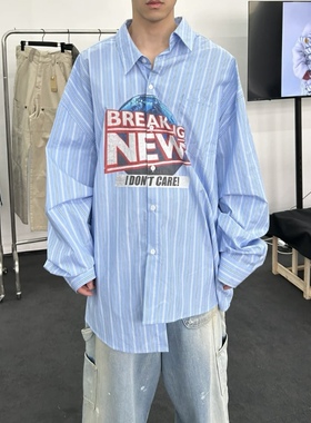 小众Project G/R 不对称错位印花条纹长袖衬衫廓形外套翻领学院风