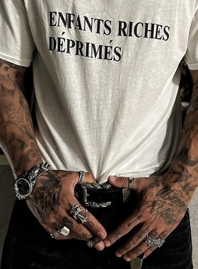 ERD忧郁的富二代复古朋克风十字架铆钉真皮腰带做旧雕花logo皮带