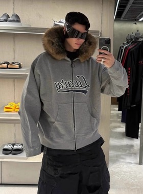 BMC LUXURY字母贴布刺绣logo花灰磨烂廓形大毛领拉链帽衫pp同款