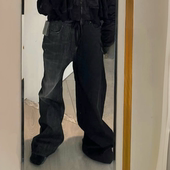 特BMC 破洞长裤 fifty fifty左右拼接微喇直筒水洗做旧抽绳牛仔裤