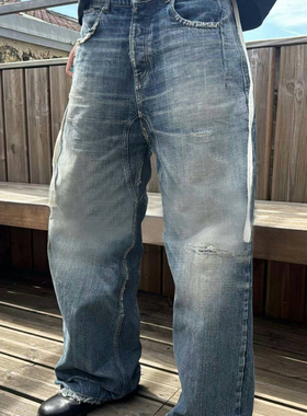 美式复古Nofaith水洗浅蓝刀割boro抽绳磨烂做旧loose直筒牛仔裤