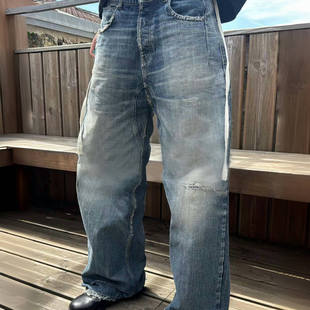 美式 复古Nofaith水洗浅蓝刀割boro抽绳磨烂做旧loose直筒牛仔裤