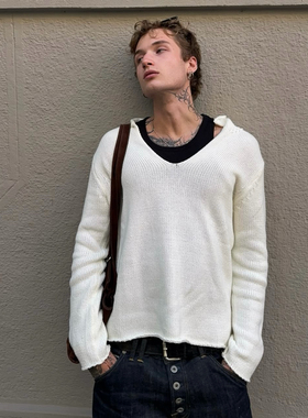 美式复古氛围感nofaith V领翻领针织套头毛衣V KNIT SWEATER长袖