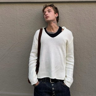 SWEATER长袖 美式 KNIT V领翻领针织套头毛衣V 复古氛围感nofaith