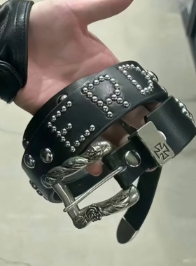 ERD忧郁的富二代 字母铆钉logo腰带复古做旧雕花皮带stud belt