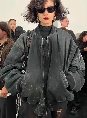 BMC 秀款重磅水洗破坏脏染牛仔bomber棉服飞行夹克外套rose同款