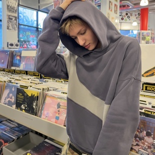 马丁同款 复古ERL灰色波浪拼接拼色抓绒连帽卫衣Cortis街头风 美式