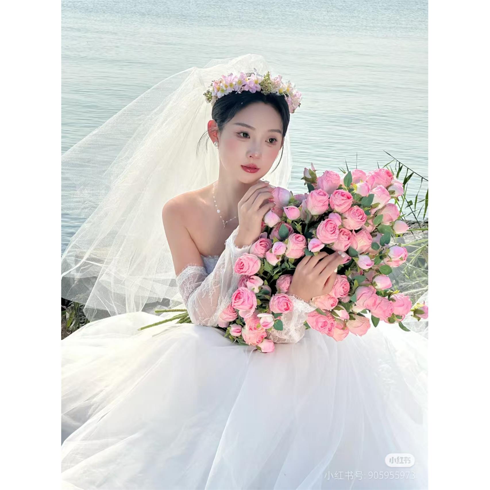 小清新文艺旅拍婚纱摄影道具户外田园风拍照仿真粉玫瑰新娘手捧花