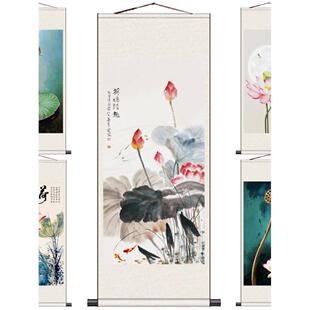 荷花九鱼画水墨花画绢本画卷国画年画多一个月宣纸礼物