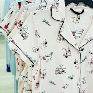 出口美國輕奢ks睡衣可愛小貓咪浴缸甜美家居服短袖 牛奶絲 八分褲
