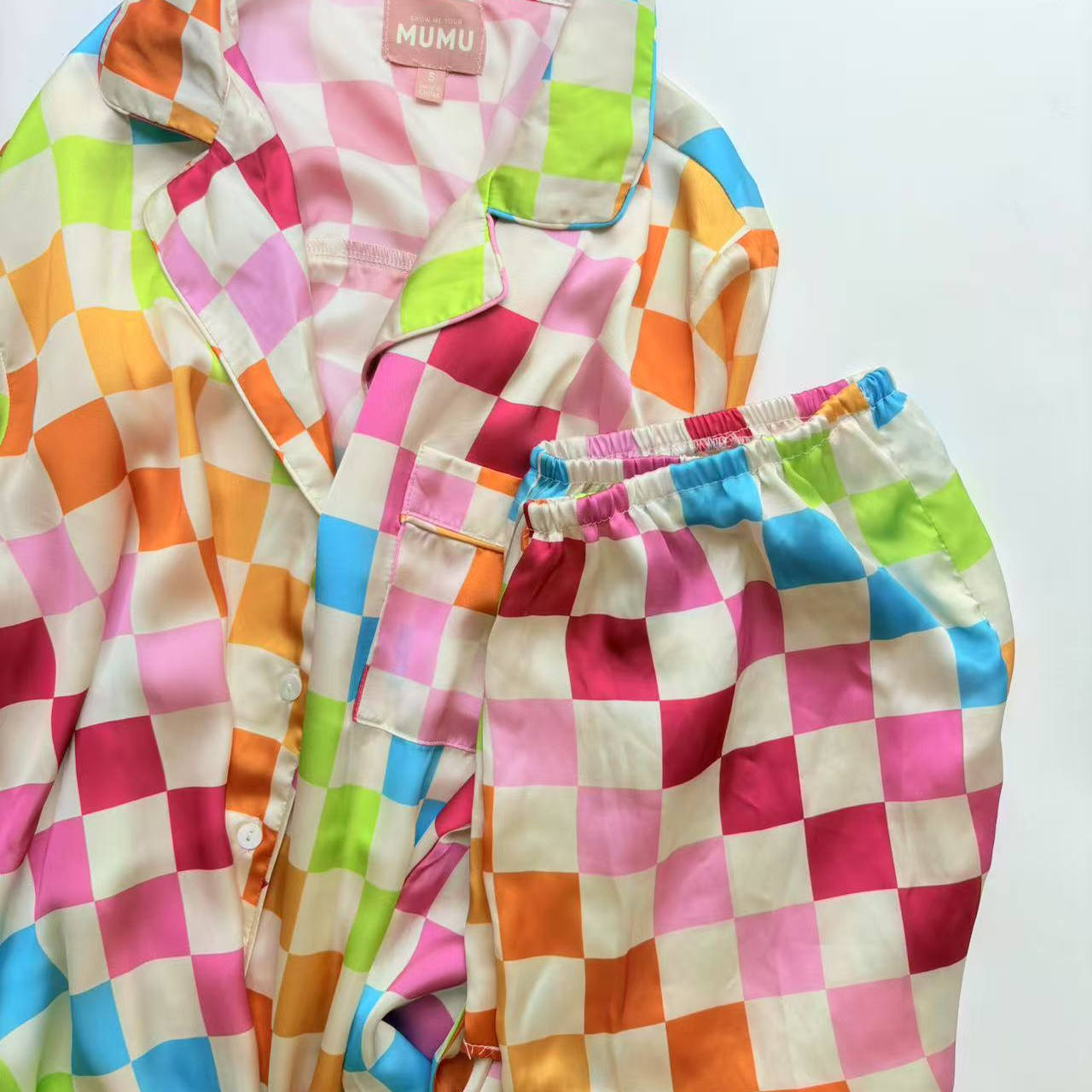 出口美国showmeyourmumu缎面丝滑时尚棋盘格睡衣家居服长袖短裤