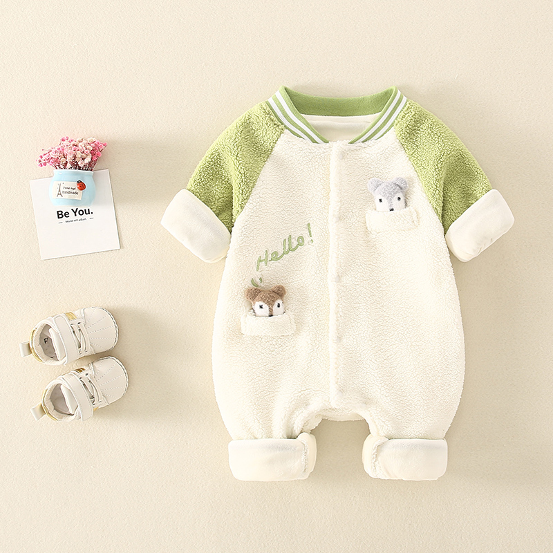 0一3月婴儿冬装加绒连体衣网红套装新生儿洋气兔宝宝毛绒冬天衣u.