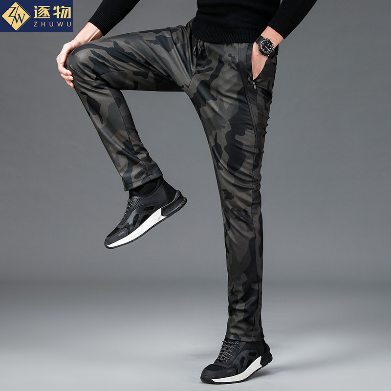 迷彩皮裤男冬季紧身加绒加厚皮毛一体防风防水机车摩托车骑行裤子