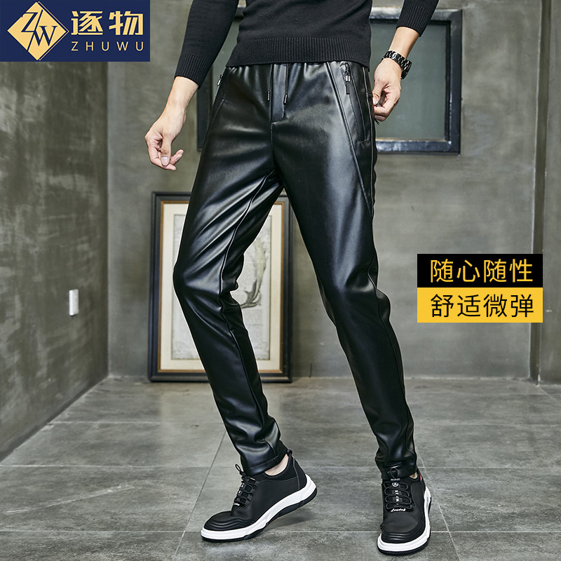皮裤男加绒加厚弹力冬季男士修身摩托车机车紧身潮流皮毛一体PU裤