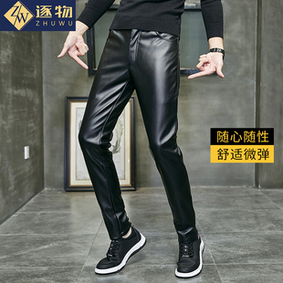 皮裤男韩版修身弹力紧身小脚摩托车加绒加厚秋冬潮机车皮裤pu青年